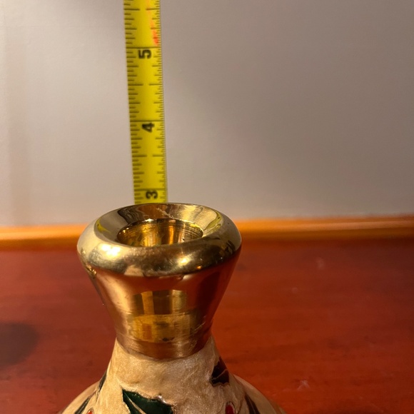 Brass and Enamel Cloisonné Christmas Holiday Candlestick Holders-set of 2 - Picture 6 of 7